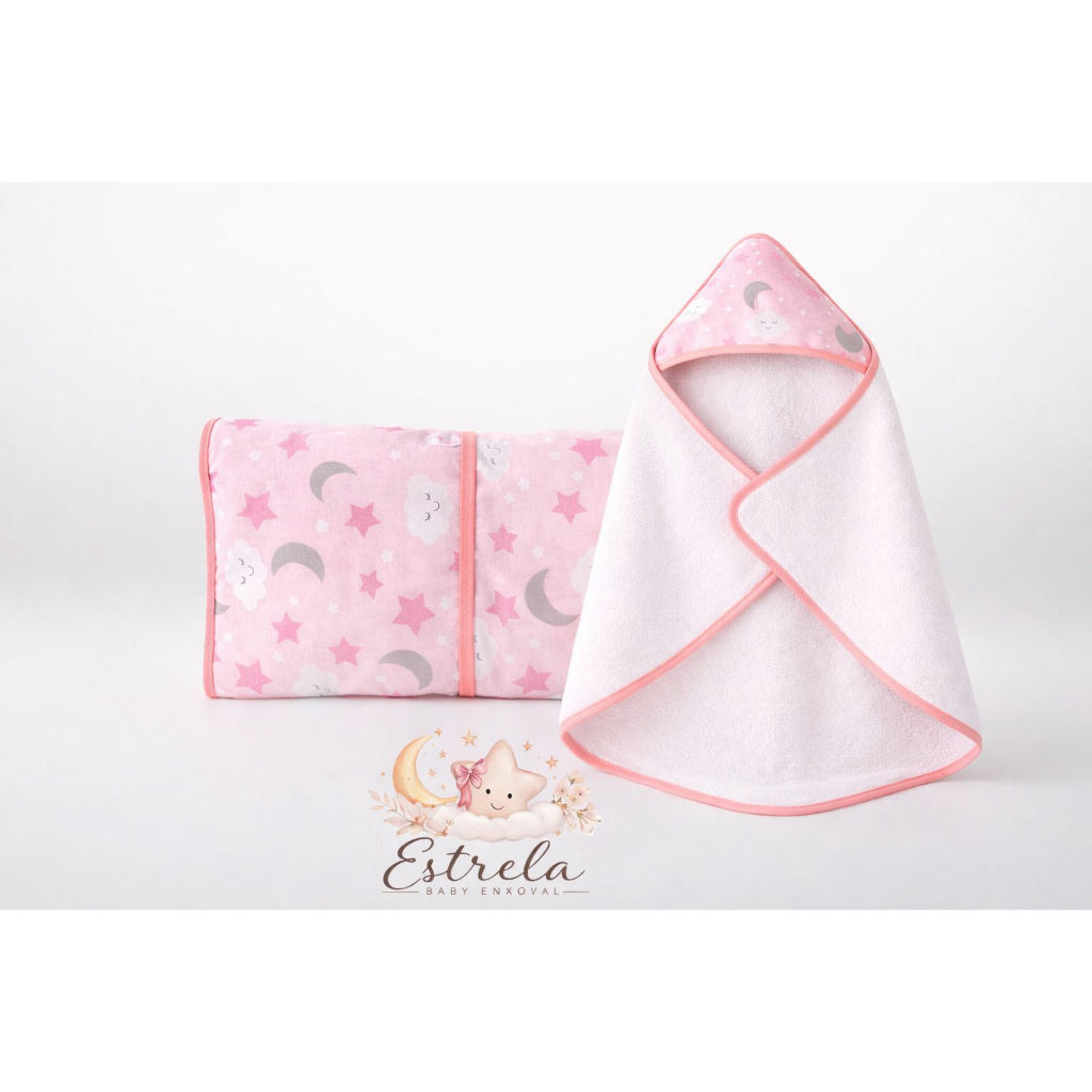 Kit Bebê Toalha com Capuz + Trocador Portátil Dobrável com Bolso | Enxoval Prático e Macio