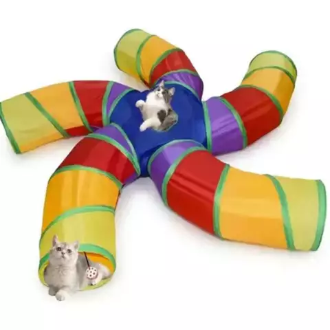 Túnel Dobrável para Gatos em T | Brinquedo com 3 Saídas e Janela, Diversão Felina