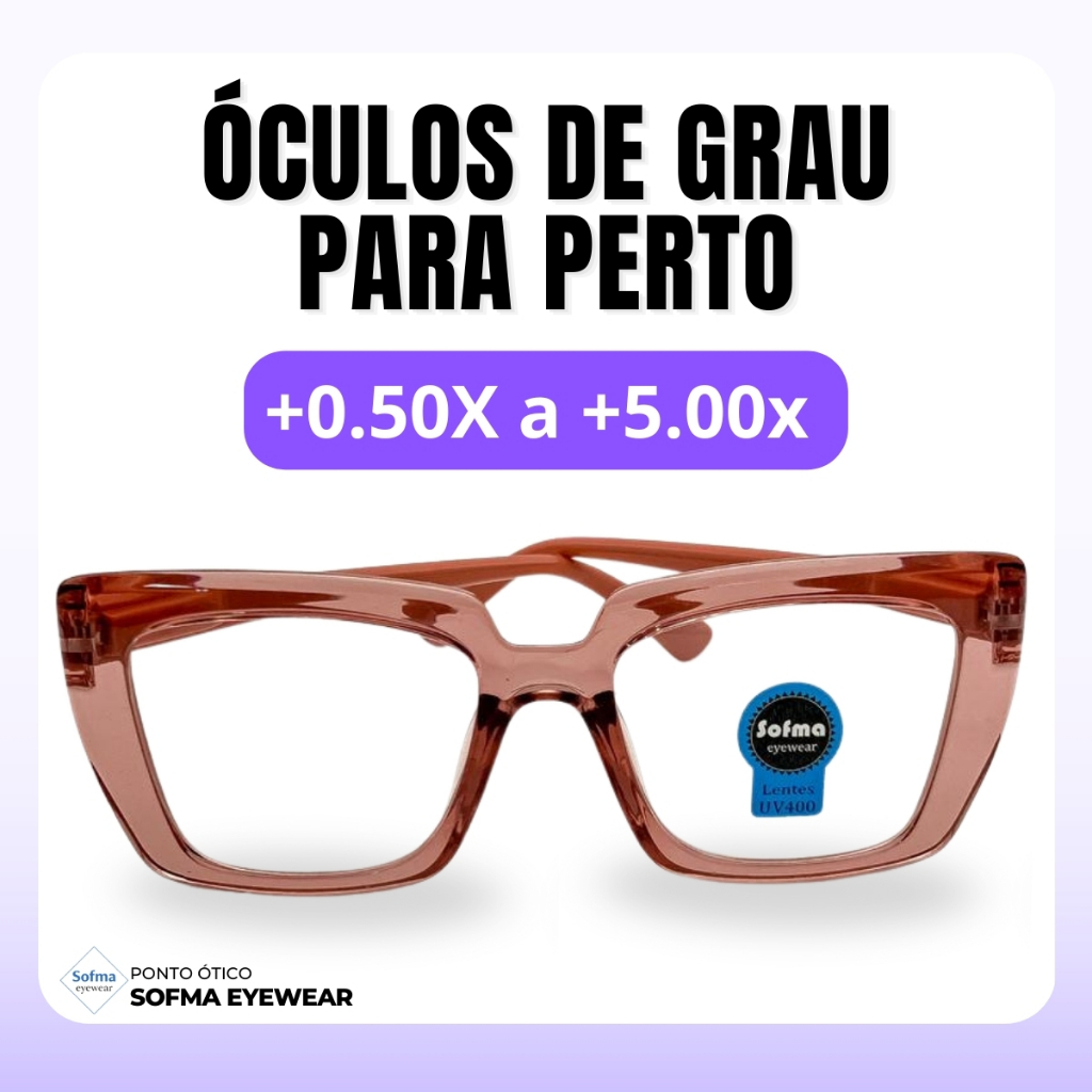Óculos Quadrado Marília Grau +0,50 a +5,00 Feminino Leitura Hipermetropia Rosa Transparente