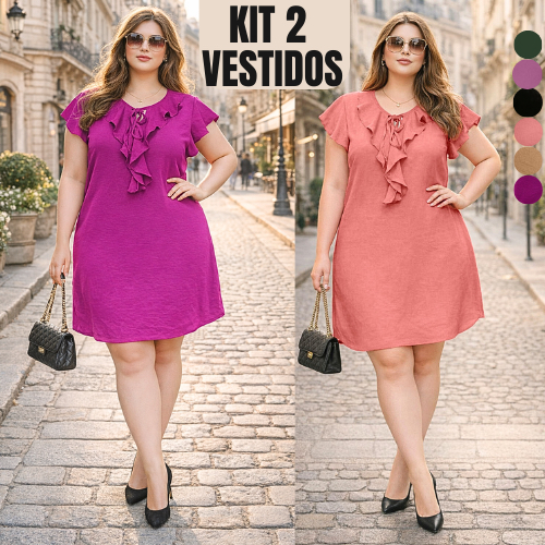 KIT 2 VESTIDOS FEMININOS PLUS SIZE CONFORTÁVEL MODERNO VESTIDO FEMININA FEMININAS TENDENCIA ELEGANTE MIDI CASUAL SOLTO