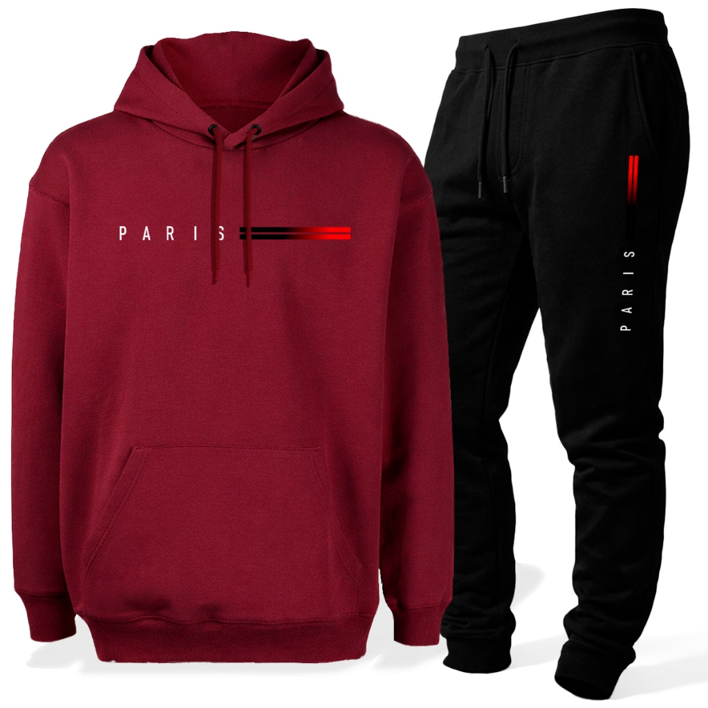 Conjunto Moletom Paris Calça Blusa Canguru Capuz Bolso Algodão Flanelado Quentinho Casual Unissex
