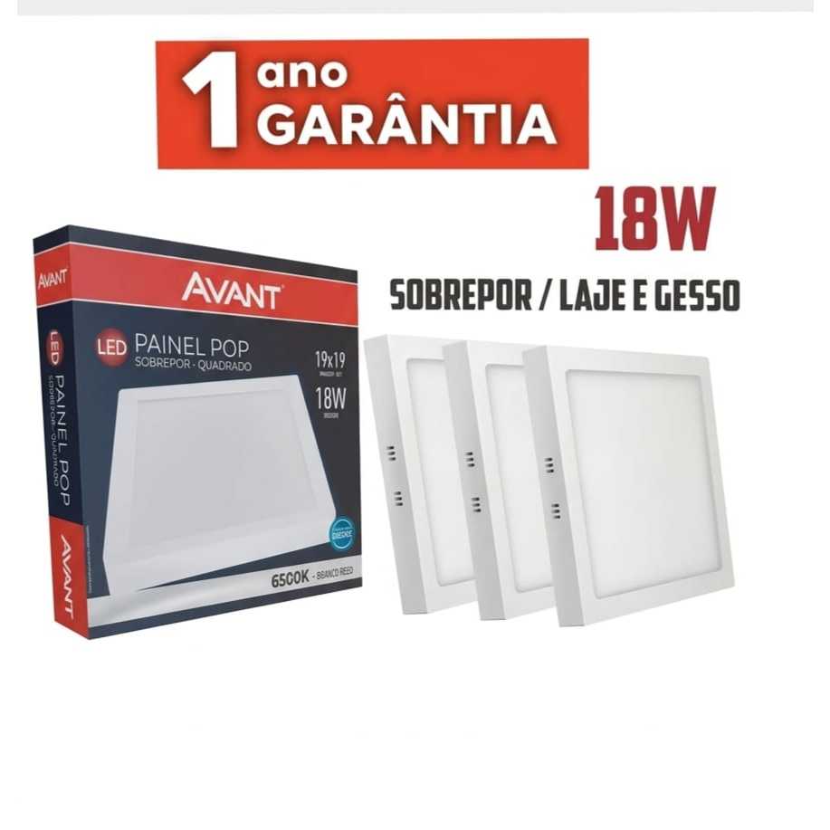 Kit 3 Luminárias Painel Plafon 19x19  Led 18W Quadrado Sobrepor Branco Frio 6500k Avant 01 Ano de Garantia