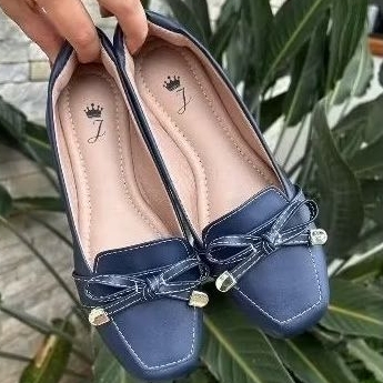 Mocassim Feminino Bico Quadrado Laço Delicado Azul Marinho Sapatilha Feminina Casual Sapato Moda
