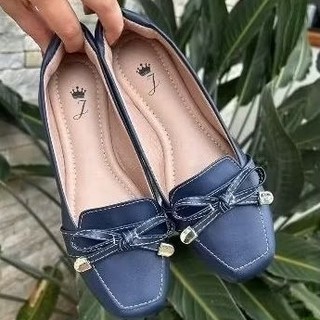 Mocassim Feminino Bico Quadrado Laço Delicado Azul Marinho Sapatilha Feminina Casual Sapato Moda
