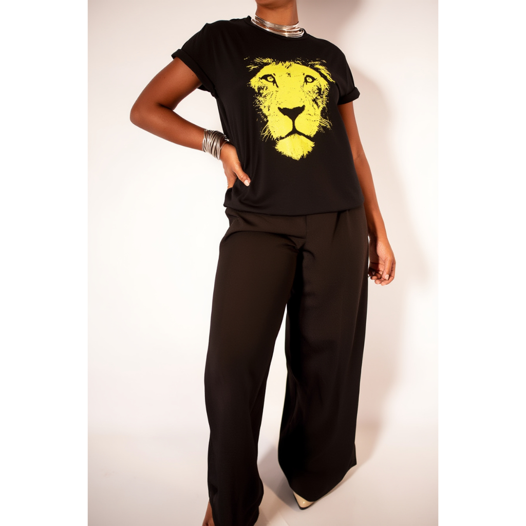 Camiseta Feminina Básica 100% Algodão Confortável Casual Estilosa Gola Redonda Manga Curta Envio Rápido Estampa Leao