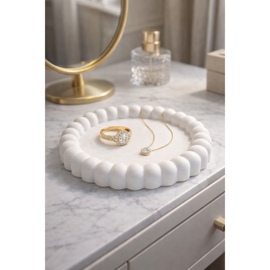 Bandeja Bubble Decorativa de Gesso Branca 13cm Porta Joias Elegante para Penteadeira, Mesa, Decoração Clean Moderna
