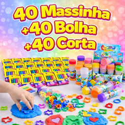 40 Cx Massinha Modelar + 40 Bolha de Sabão + 40 Cortador Molde Forminha Kit Festa Lembrancinha