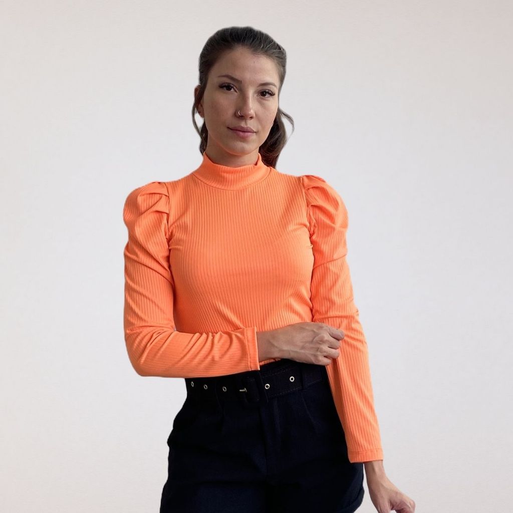 Blusa Blusinha Feminina Manga Longa Princesa Bufante Blusinha Inverno Gola Alta Blusa Canelada Feminino
