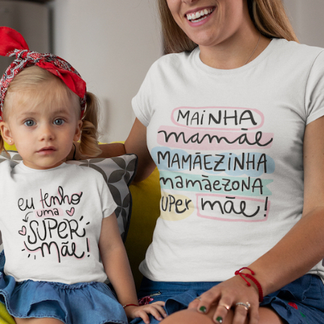 Kit Camisetas Mãe e Filha Mainha Mamãe Super Mãe Blusa Tal Mãe Tal Filha Roupa Look Tendência