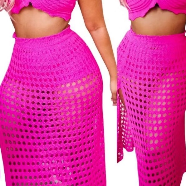 Conjunto Trio ou Saia Tricot Modal Fashion Saia Cropped Top Carnaval Premium Saida Praia Moda Crochê Verão