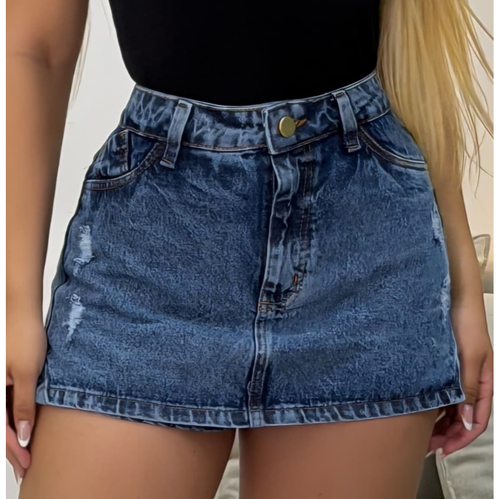 Short saia jeans feminino sem lycra, 100%, não estica, cintura alta,