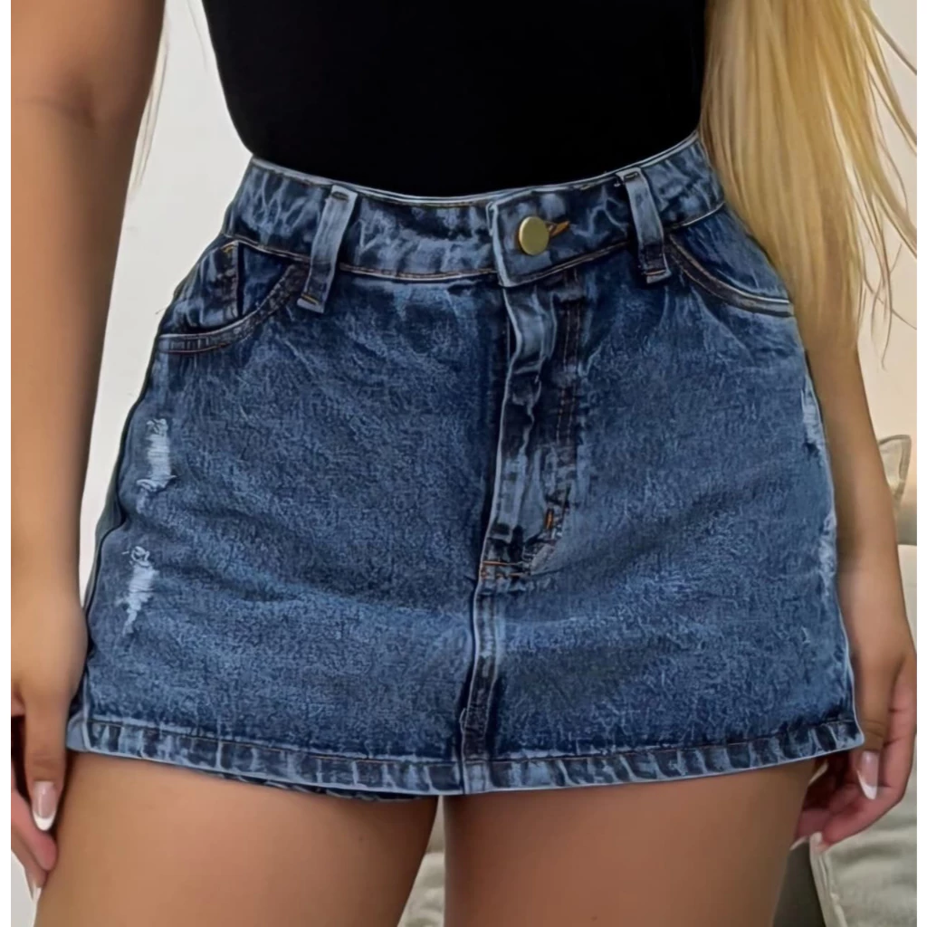 Short saia jeans feminino sem lycra, 100%, não estica, cintura alta, — imagem 1