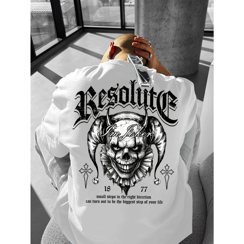 Camiseta Masculina Oversized Streetwear Resolute Joker Skull 100% Algodão dia a dia com Estampa Gótica