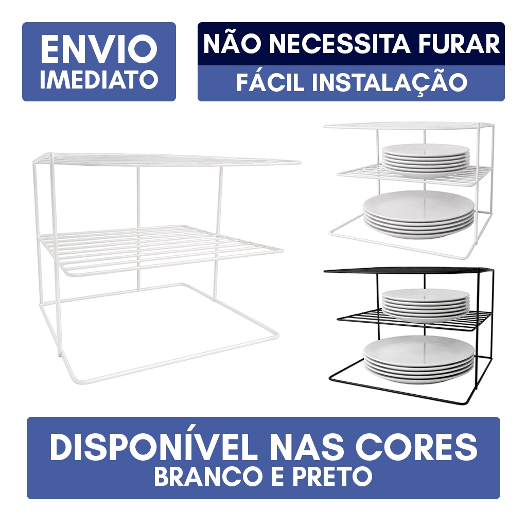 Porta Pratos Organizador Suporte de Canto Prateleira Suspensa Elegante Resistente Branco