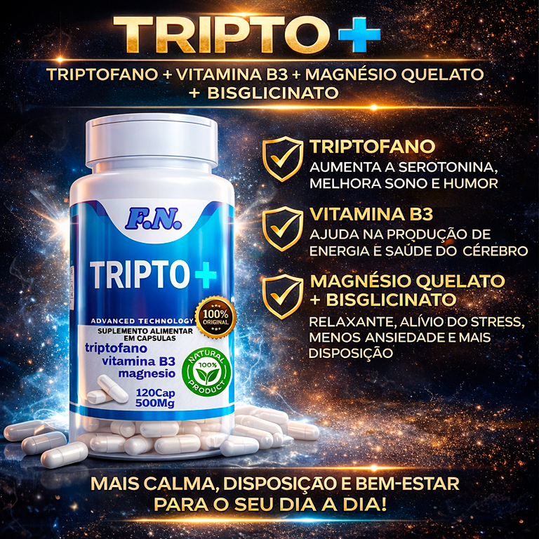 TriptoMais – Triptofano + Magnésio quelato Bisglicinato + Vitamina B3 – Equilíbrio e Bem-Estar Sono