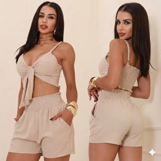 Conjunto Feminino Cropped e Short Duna Cintura Alta Lastex Bojo Bolso Alça Regulável Soltinho Confortável Verão em Oferta na Shopee