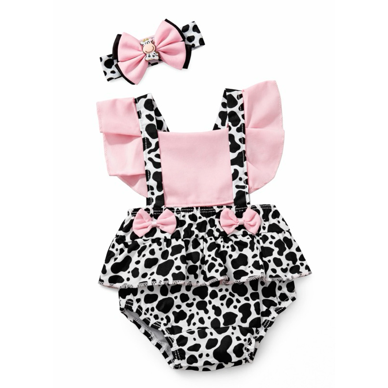 Roupa Bebê Menina Fazendinha Vaquinha Mesversário Body Jardineira Romper Luxo + laço