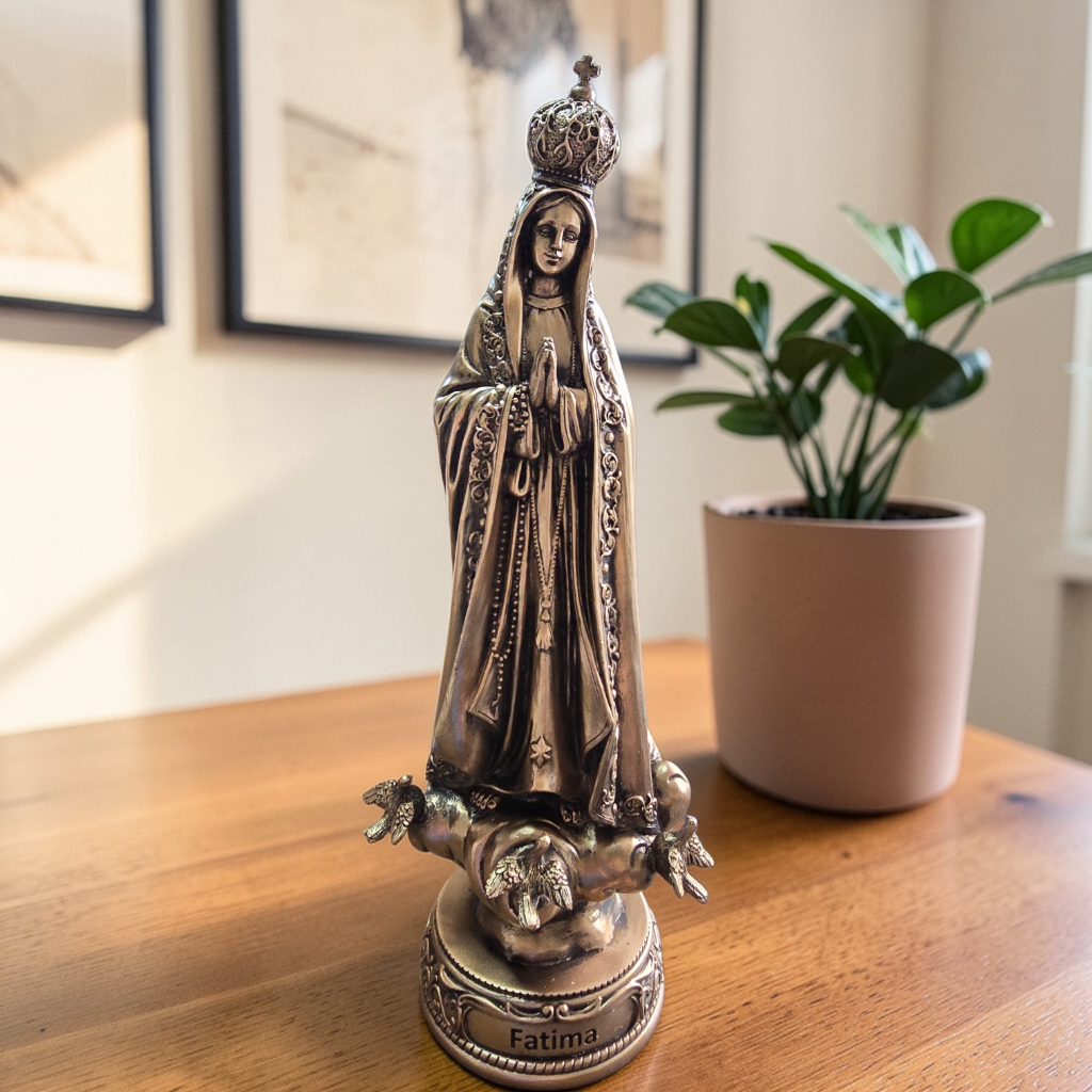 Imagem em resina nossa senhora de fatima estilizada 30cm barroca envelhecida padroeira religioso imagem sacra