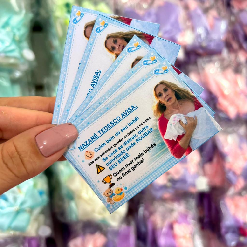 50 unid de cartão para brincadeira chá de bebe Nazaré Tedesco ideal para cha de fraldas revelação