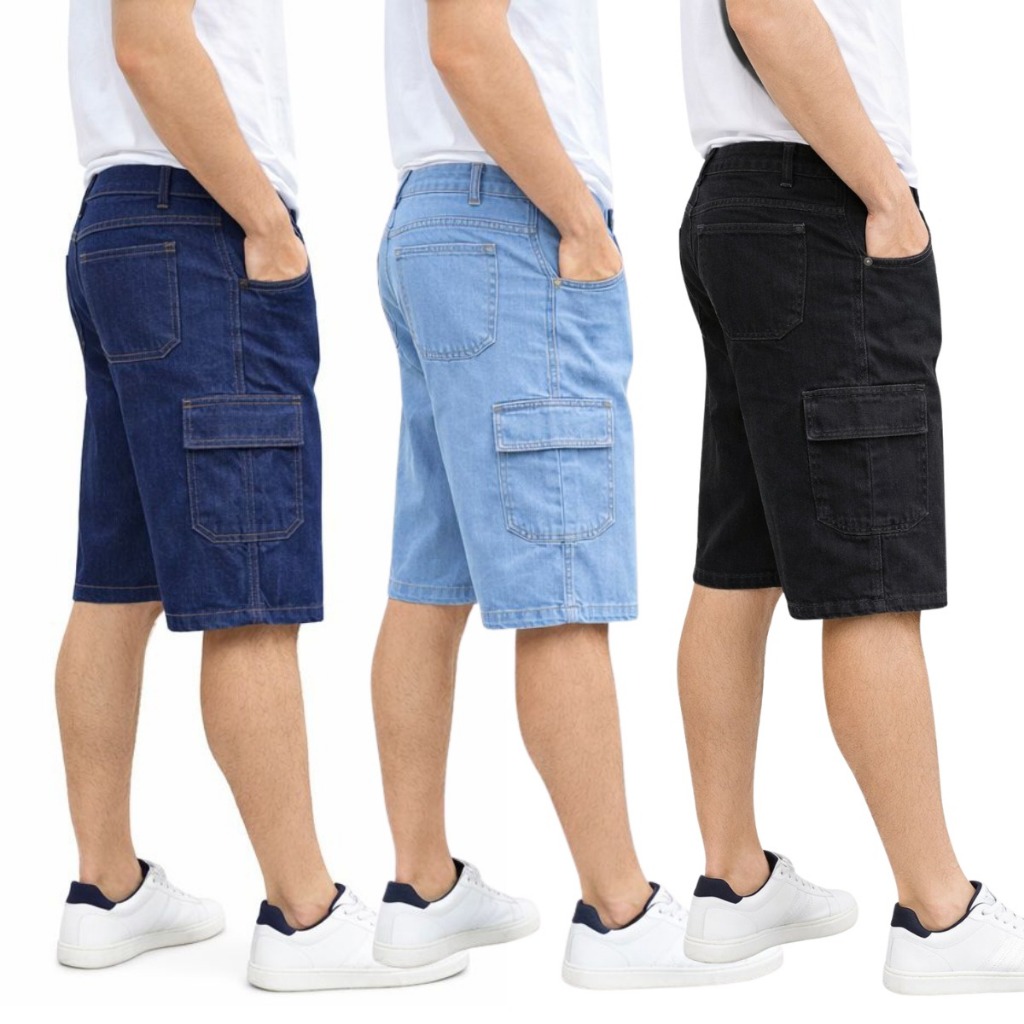 Kit com 3 Bermudas Cargo Masculina Jeans com Lycra Conforto Estilo e Qualidade Ref 119