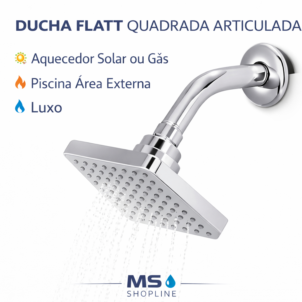 Ducha Chuveiro Flatt Quadrado Articulado Aquecedor Solar ou Gás Piscina Área Externa Luxo