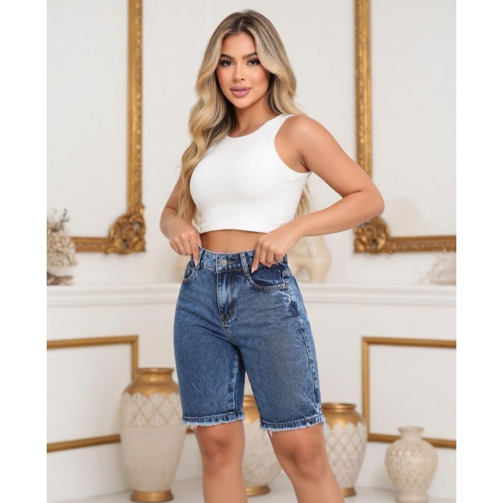 Bermuda feminina Jorts sem Lycra 100% Algodão Cintura Alta Meia coxa Ciclista Jeans Premium Marmorizada