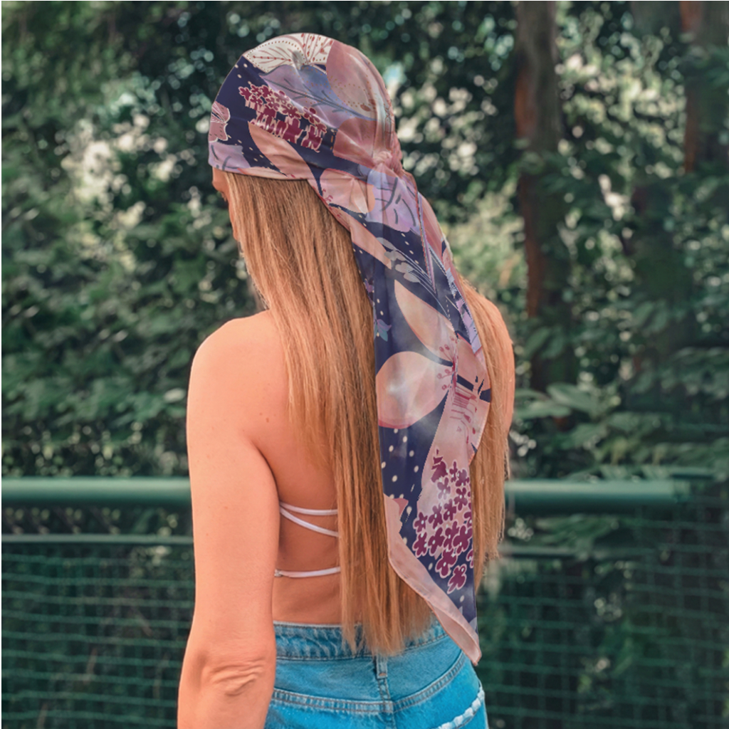 Lenço de Cetim Feminino Turbante Cropped Multiuso Floral 90x90 cm Fashion