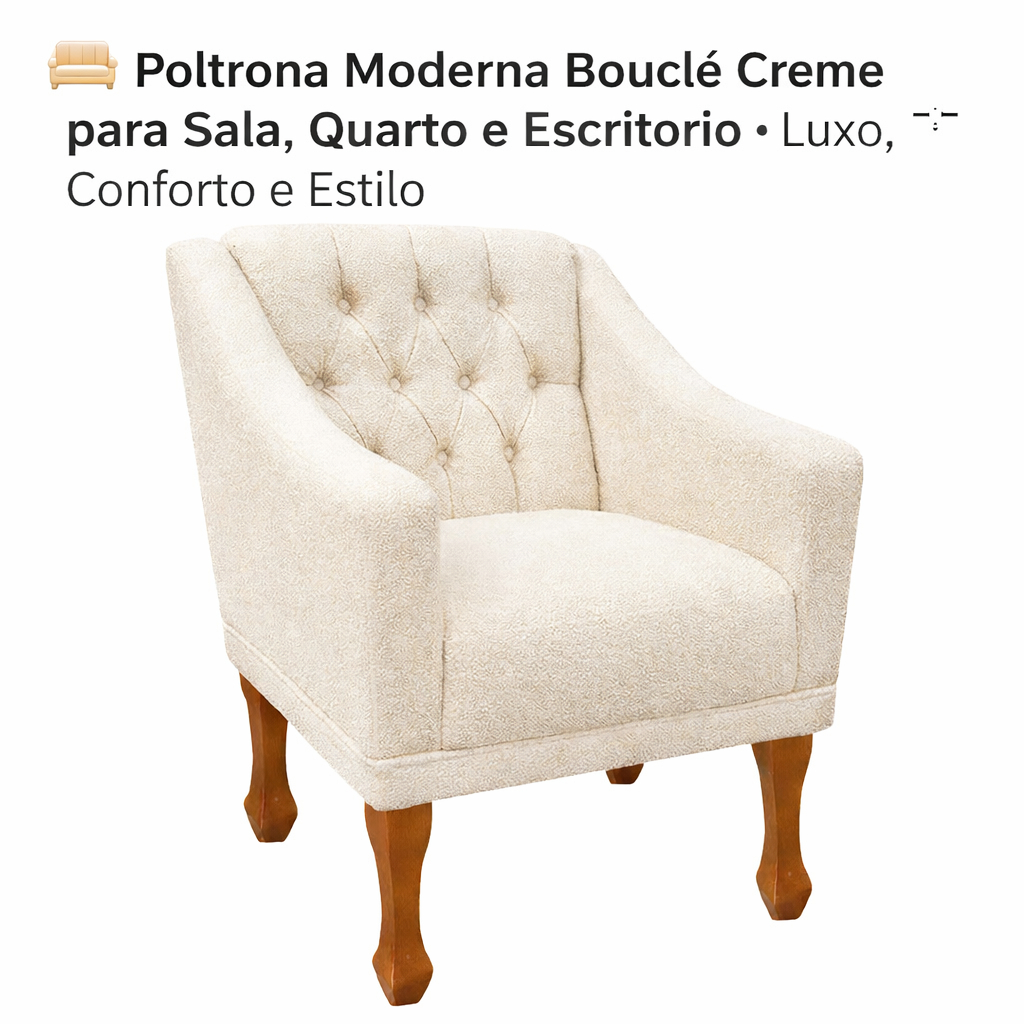 Poltrona Decorativa Teka Bouclé Creme 🛋️🤍 Estofada Luxo Sala de Estar Quarto