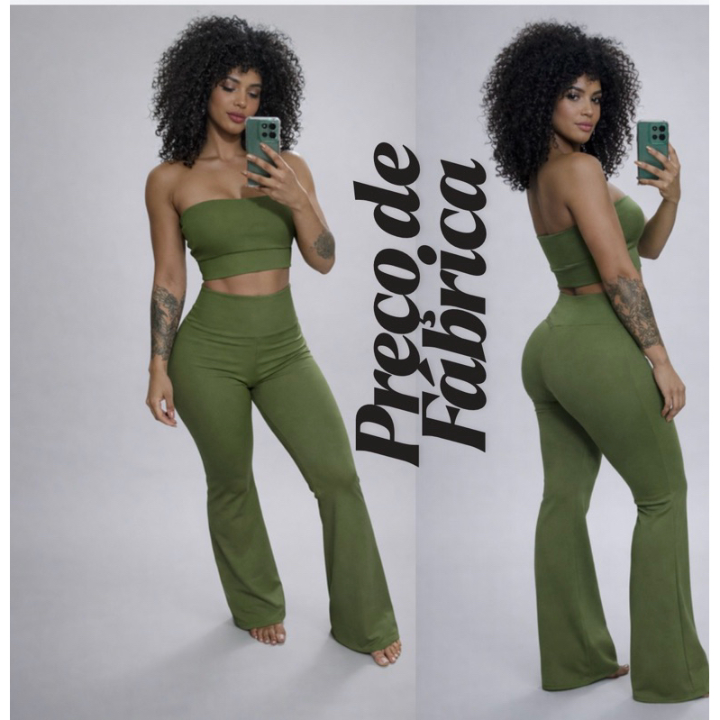 Conjunto Anaruga Top Faixa Cropeed Calça Flare Bailarina Premium Zero Transparência Feminina Academia