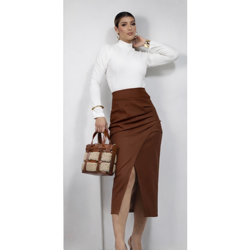 Saia Feminina em Couro Premium Transpassada – Look Elegante, Ajuste Perfeito, Várias Cores em Oferta na Shopee