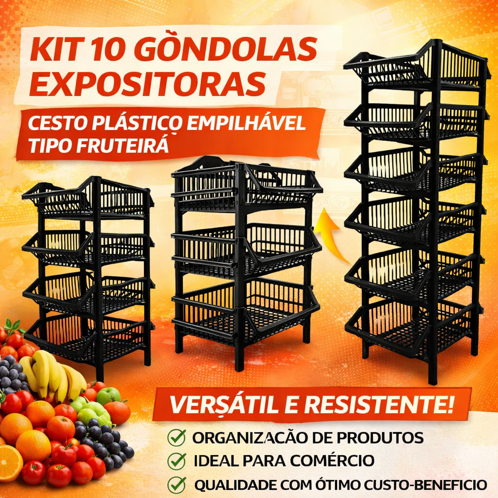 Kit 10 Gondola expositora cesto plastico empilhavel tipo fruteira em Oferta na Shopee