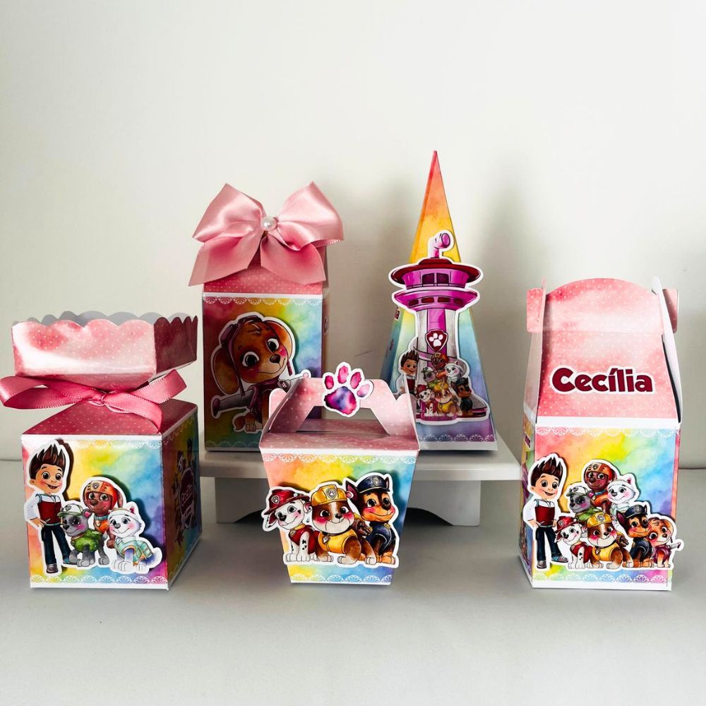 Kit Caixa Patrulha Canina Rosa Aquarela / Personalizados Patrulha Canina  / Lembrancinha  Festa Infantil / Pegue e Monte