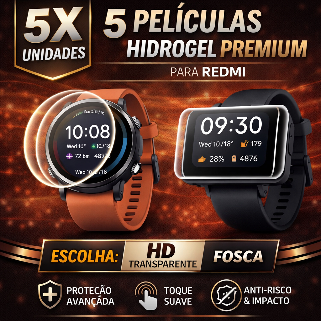 1, 3, 5 Película Hidrogel Premium HD ou Fosca Smartwatch Redmi Watch 5,4,3,2 Smart Band Pro Lite Active Todos Modelos