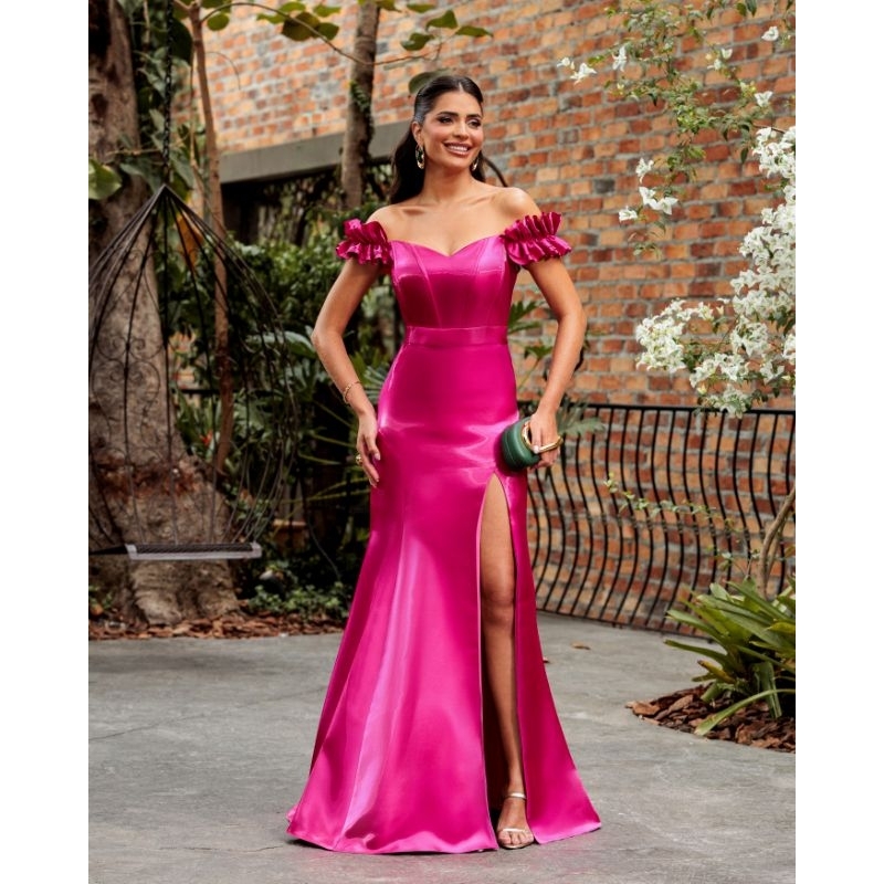 Vestido de Festa Longo Sereia em Zibeline Glow Ombro à Ombro Elegante Fúcsia com Fenda