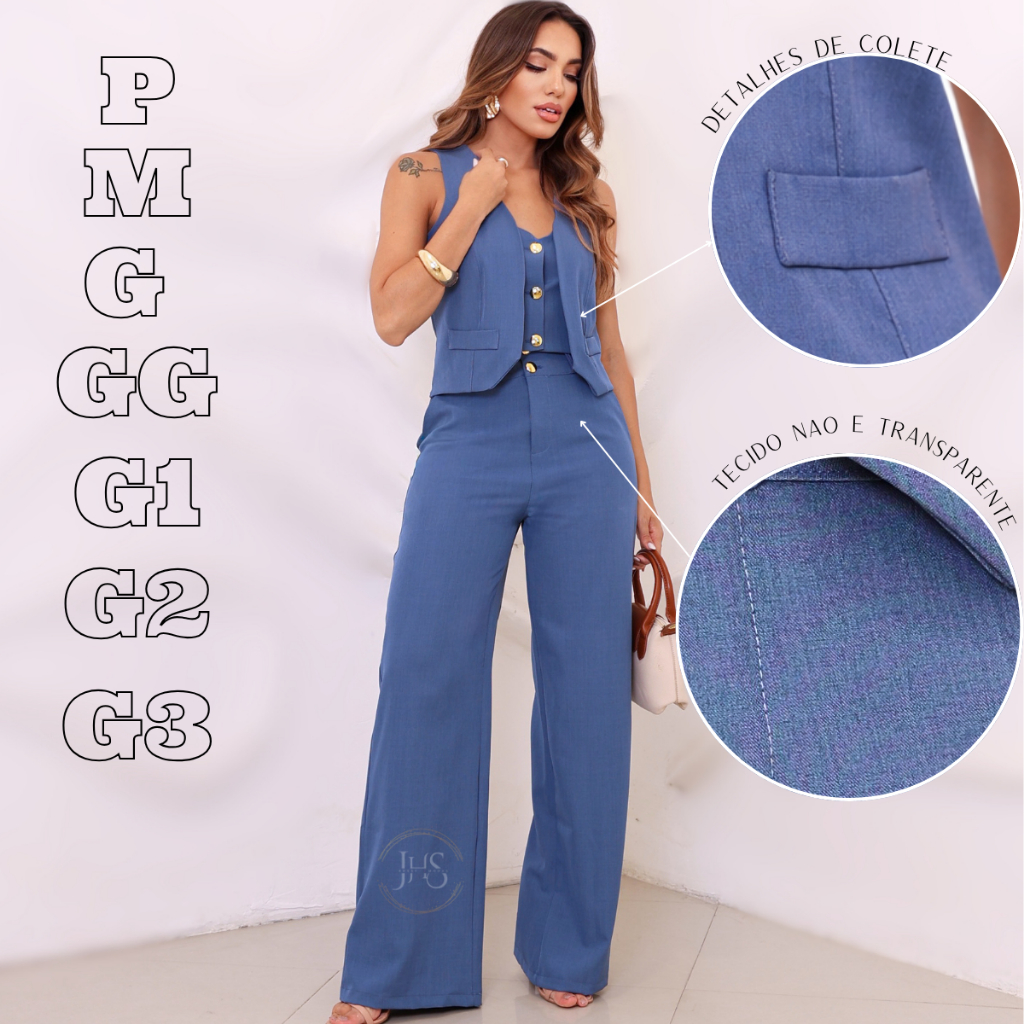 Conjunto Alfaiataria Luis Twill Feminino Calça Pantalona + Colete Social Elegante Empresaria Trabalho