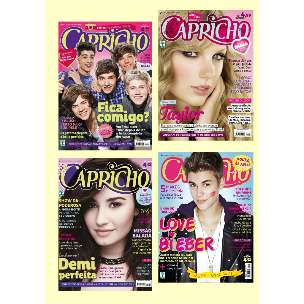 Pôster Revista Capricho Anos 2000 A4 – Justin Bieber, Taylor Swift, One Direction, Demi Lovato – Papel Fotográfico