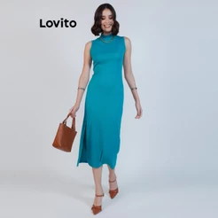 Lovito Vestido Feminino Midi Canelado Gola Alta DRB15651595