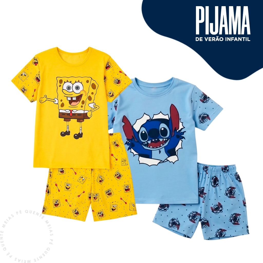 Pijama Verão Infantil Conjunto Menino Menina Desenho Personagem Desenho Stitch Bob