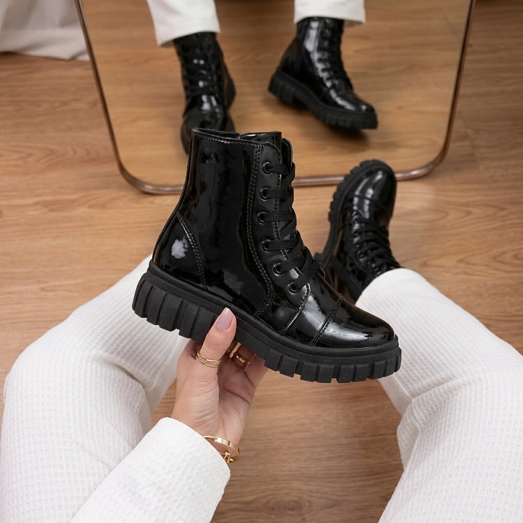 Bota Coturno Feminina Preto Verniz Elegante e Versátil