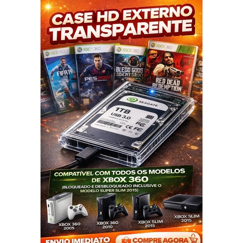 "HD Externo 500 GB para Xbox 360 com 80  jogos FIFA 19 GTA IV e outros  – Compatível Bloqueado e Desbloqueado LTU.