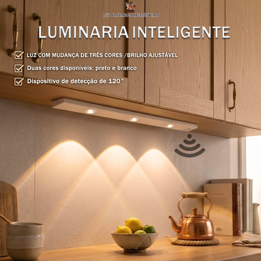 Luz LED Ultra Fina com Sensor PIR Recarregável para Armário 20/40/60cm, 3 Cores Sem Fio e USB