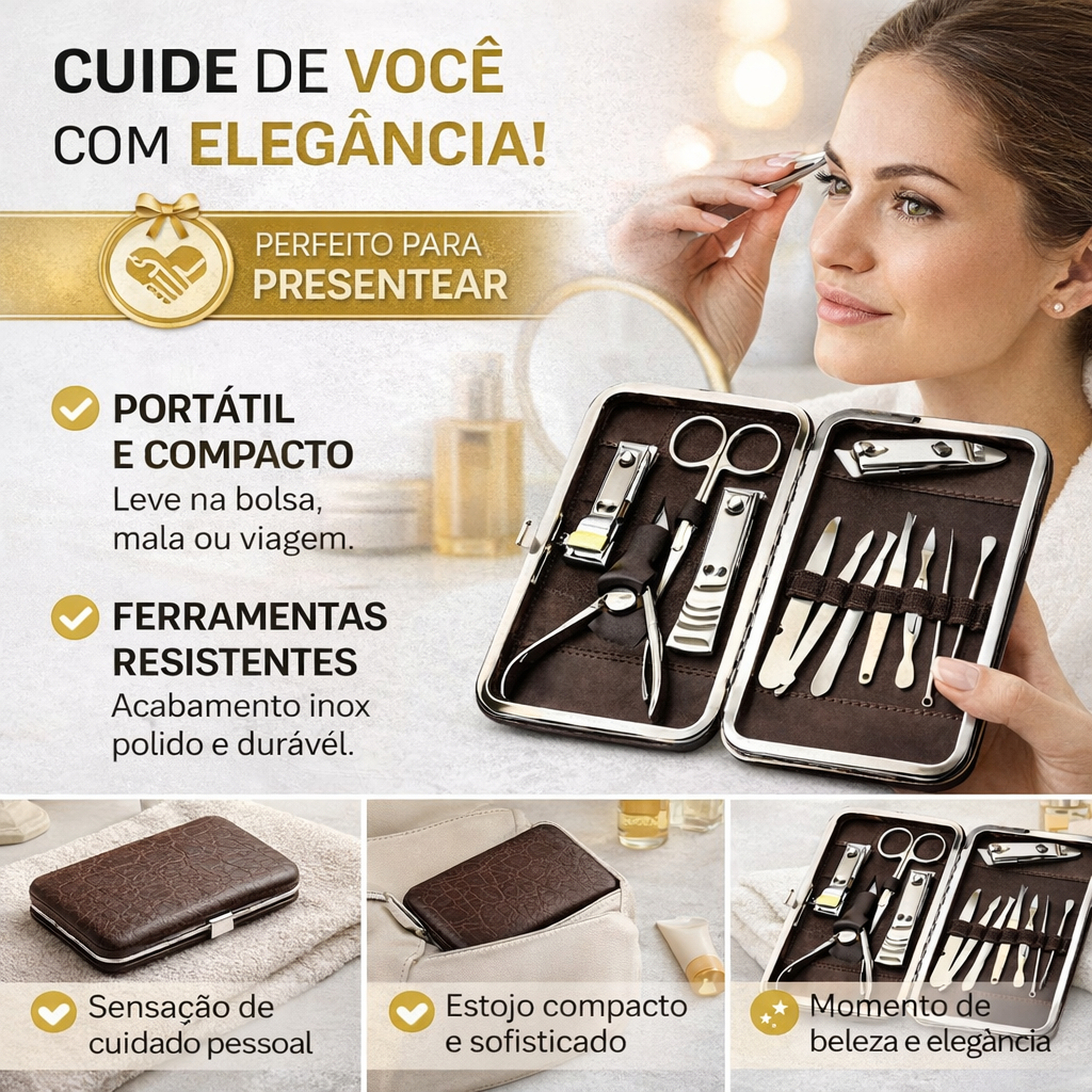 Kit Manicure 12 Peças Completo Estojo Estampado Profissional Portátil Pedicure Cores Sortidas