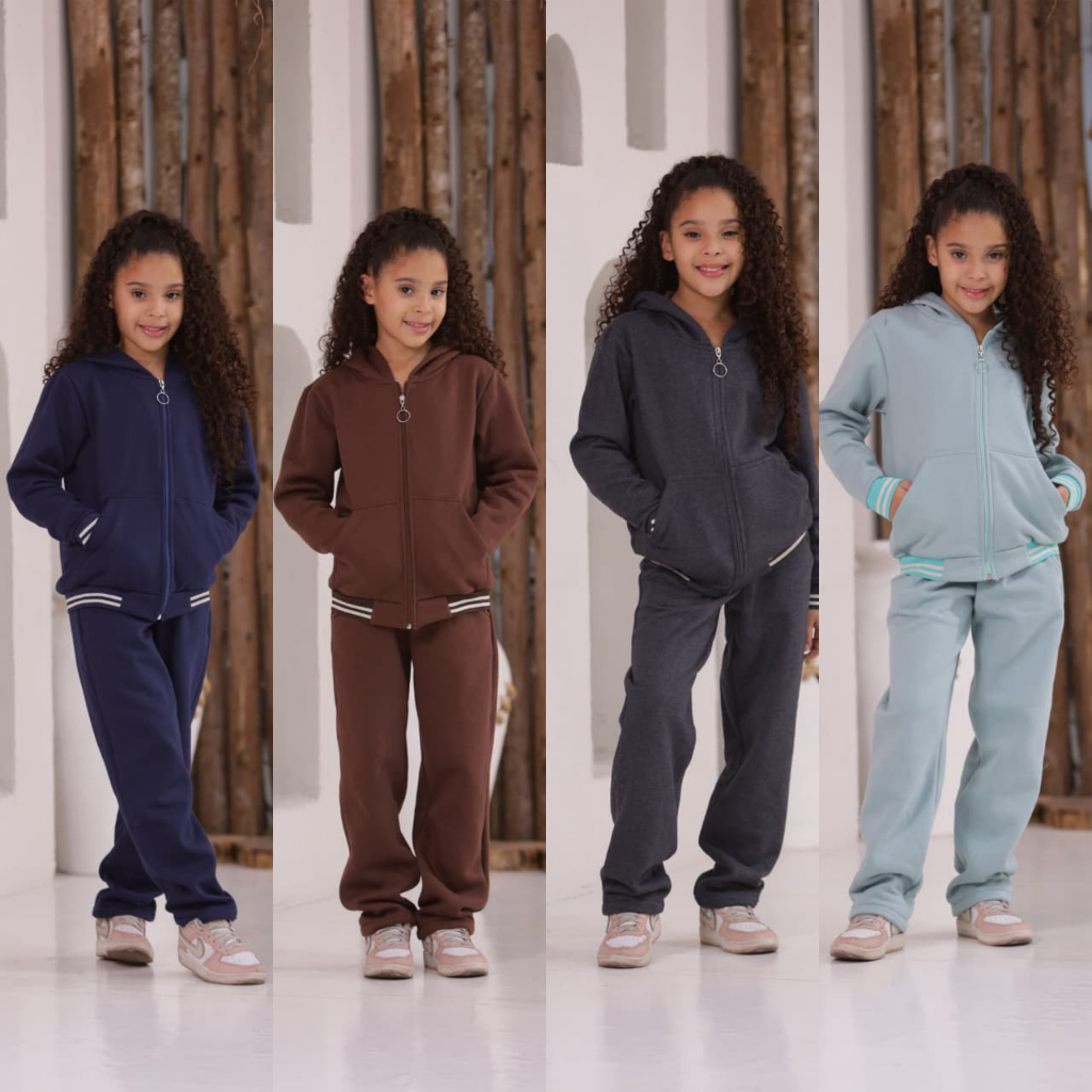 Conjunto Moletom Menina Juvenil 10 12 14 – Roupa de Frio Infantil com Capuz, Zíper e Calça Confortável