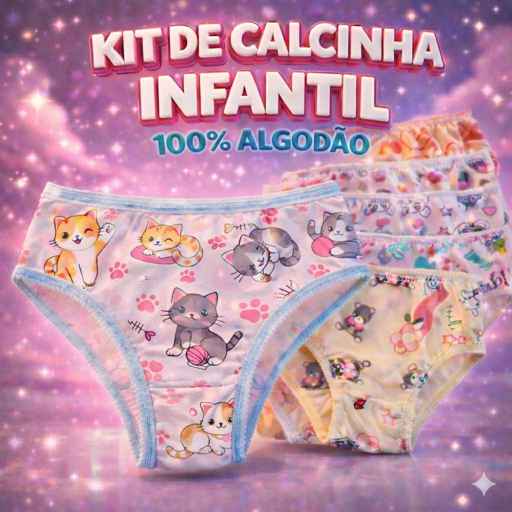 Kit 12 Calcinhas Infantil/Juvenil Tanga Algodão Macio Conforto Qualidade Estampas Sortidas