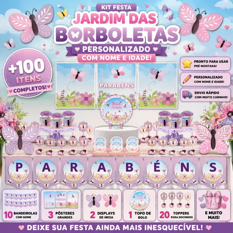 KIT FESTA  JARDIM DAS BORBOLETAS PERSONALIZADO SÓ UM BOLINHO | MÊSVERSÁRIO ANIVERSÁRIO |100 | 50 | 30 ITENS|LEMBRANCINHA