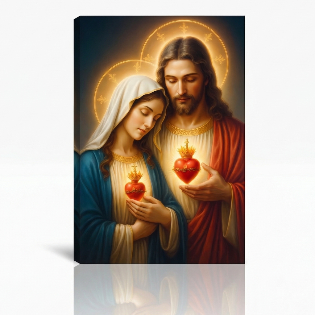 Quadro Sagrado Corações de Jesus e Maria – Arte Religiosa Católica com Aura Dourada