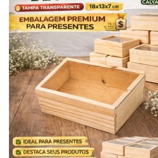 Alabama 18×13×7 Caixa estojo para fotografias em Pinus com tampa transparente