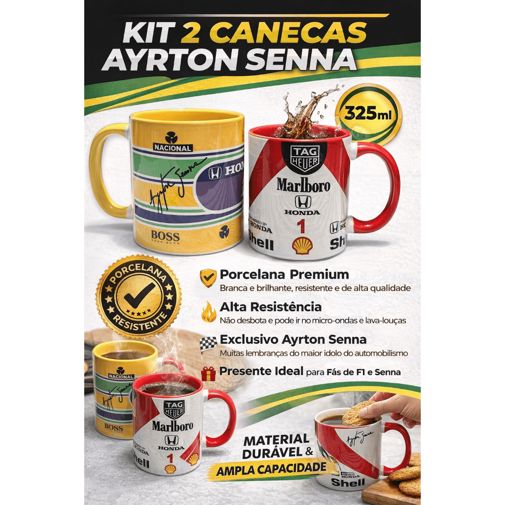 Kit 2 Caneca Ayrton Senna Porcelana 325ml F1 Retrô Presente Xícara