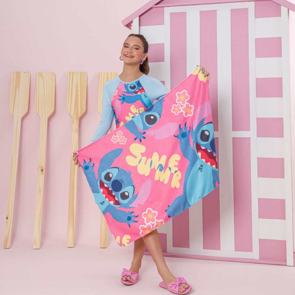 Kit Conjunto Maiô Infantil Menina Manga Longa Babado + Toalha Stitch Juvenil Feminino Piscina Praia