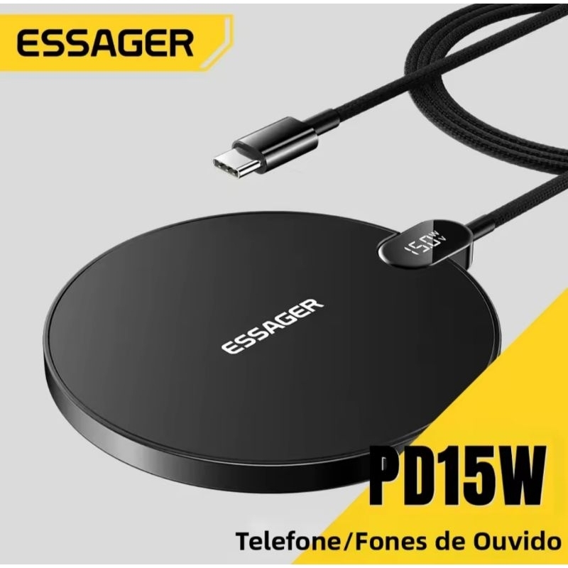 Carregador Sem Fio ESSAGER Original 15W Turbo Wireless Charger Rápido com Display Digital para iPhone Samsung Xiaomi